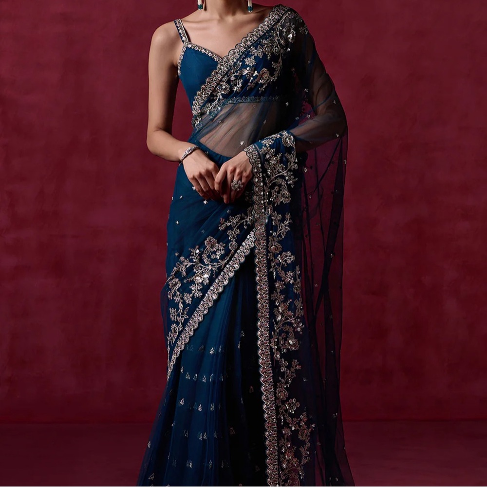Lashkaraa Teal Blue Embroidered Net Saree